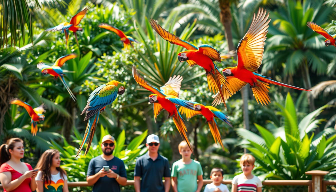 Farbenfrohe Papageienshow im Loro Park, ein Highlight der faszinierenden Vielfalt Teneriffas für Familien
